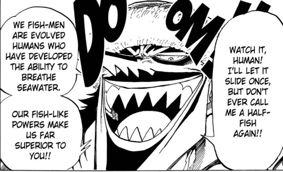 Evidence preview: Arlong  stating that Fishmen were originally humans that evolved to gain something akin to the "power of nature"