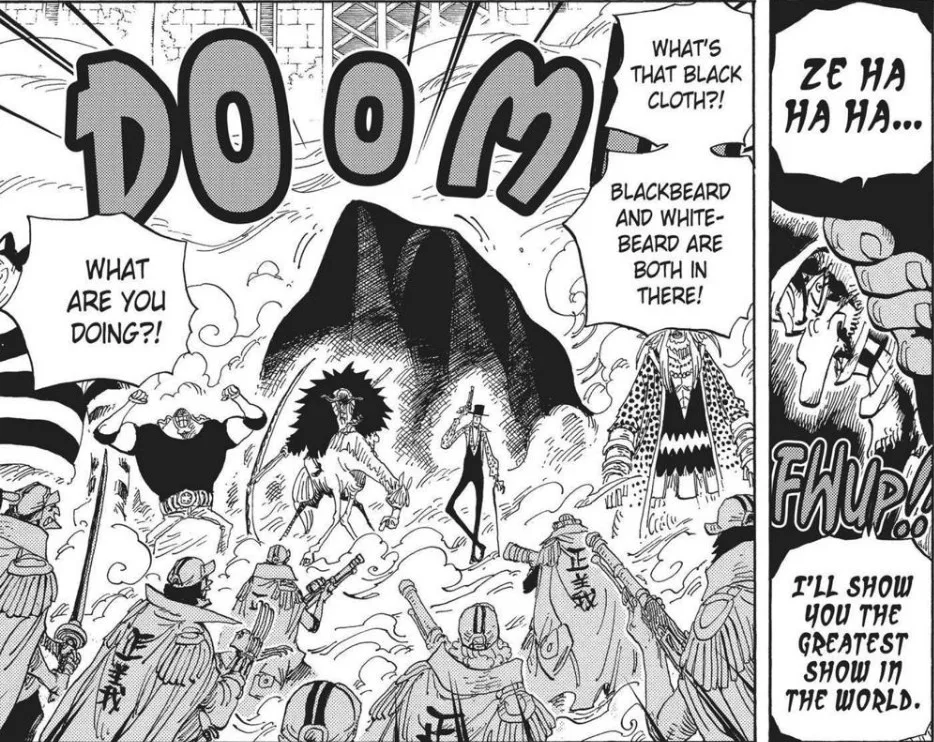 We see Blackbeard hiding himself and Whitebeard in a black cloth, where he later emerges with 2 DF's, pointing towards some unknown process and constitution that Blackbeard has access to. — image 1