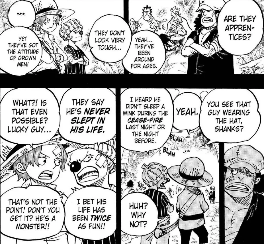 In this chapter we see Buggy telling Shanks that Teach has supposedly never slept in his entire life already at a young age.
This establishes that the sleeping anomaly existed long before Teach had either of the DF's that he currently possesses, which I speculate could mean that the reason why he was in search for the yami fruit was to allow him to exploit an abnormality that already existed within him (special constitution). — image 1