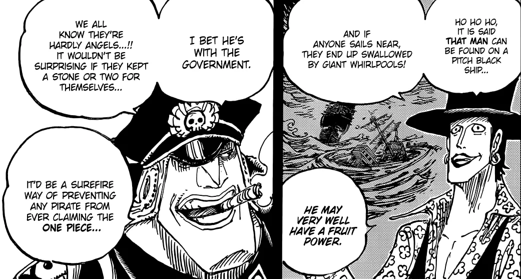 In Chapter 1081, Shiryu specifically theorizes that the Man Marked by Flames may be affiliated with the World Government. He reasons that the Government would have a motive to hide the fourth Road Poneglyph so pirates cannot reach Laugh Tale. This directly supports the theory that the Man Marked by Flames is connected to the World Government, which makes his being a God’s Knight a plausible possibility. — image 1