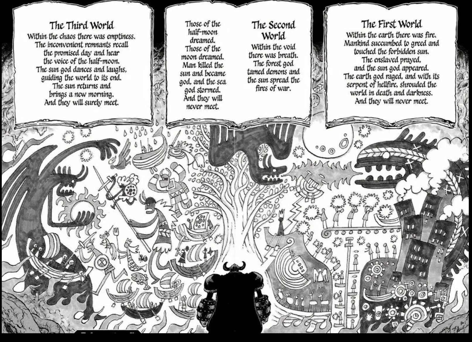 Evidence preview: The Harley describes three Worlds. The First World ends with “they will never meet.” The Second World also ends with “they will never meet.” But the Third World ends with the opposite: “they will surely meet.” The repeated wording suggests that separation and eventual meeting may be a deliberate structural theme rather than unrelated events. This supports the possibility that the Third World represents an opportunity to resolve a failure that occurred in the previous Worlds.